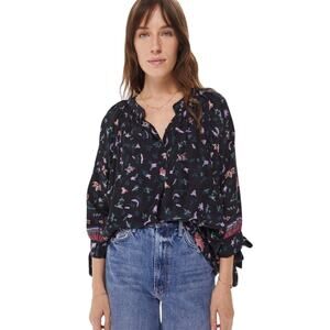 Natalie Martin Renata Silk Peasant Blouse Lotus Print Nero with Tied Sleeve XS